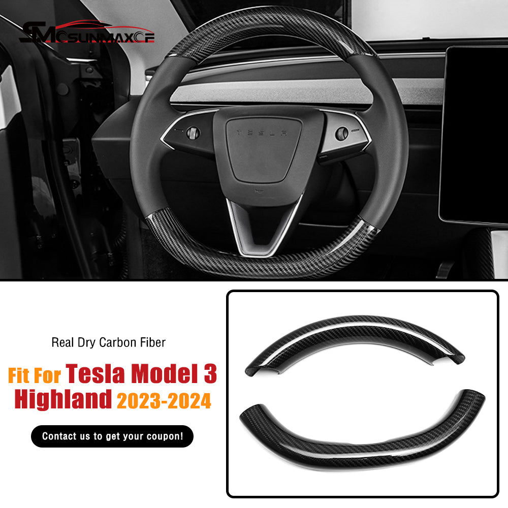 Tesla Model 3 Highland 2024 Real Carbon Fiber Steering Wheel Cover