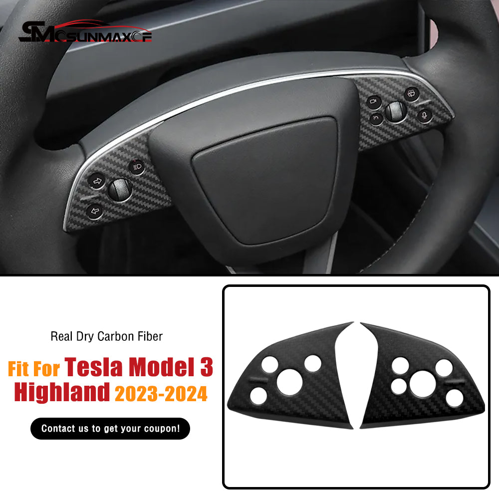 Tesla Model 3 Highland 2024 Real Carbon Fiber Steering Wheel Trim Cover