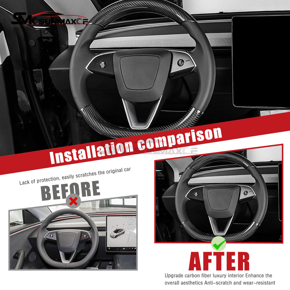 Tesla Model 3 Highland 2024 Real Carbon Fiber Steering Wheel Cover